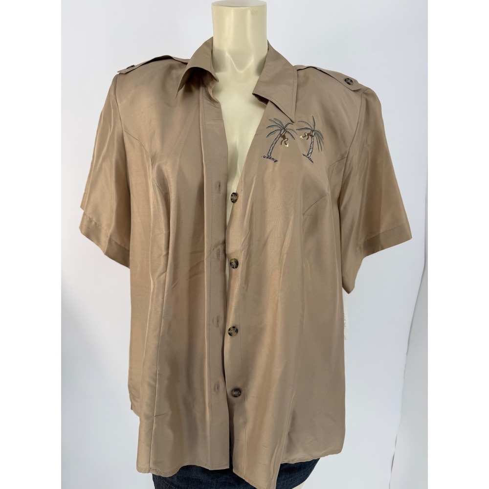 NWT Vintage 100% Silk Embroidered Monkey Palm Tree Blouse‎ 20W 90s Shoulder Pad